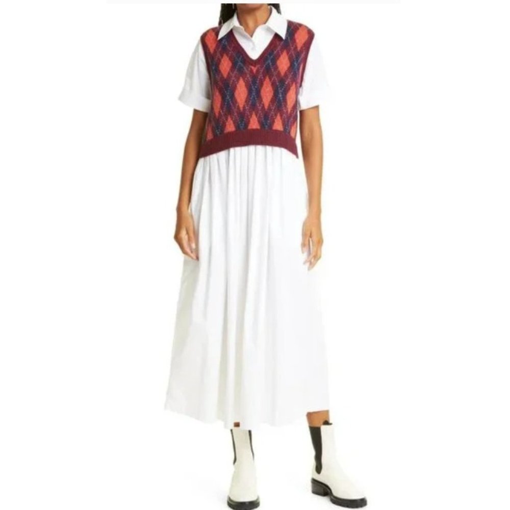 NWT $345 STAUD JACK KNAVE ARGYLE VEST BODICE WHITE COTTON MIDI DRESS SIZE SMALL